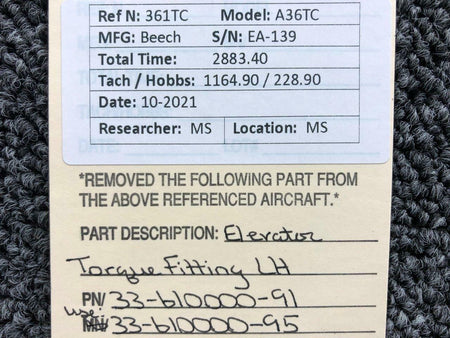 Beechcraft 33-610000-91 USE 33-610000-95 Beechcraft A36TC Elevator Torque Fitting LH
