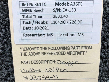 Beechcraft 23599-11 Beechcraft A36TC Oxygen Outlet W/ Pan