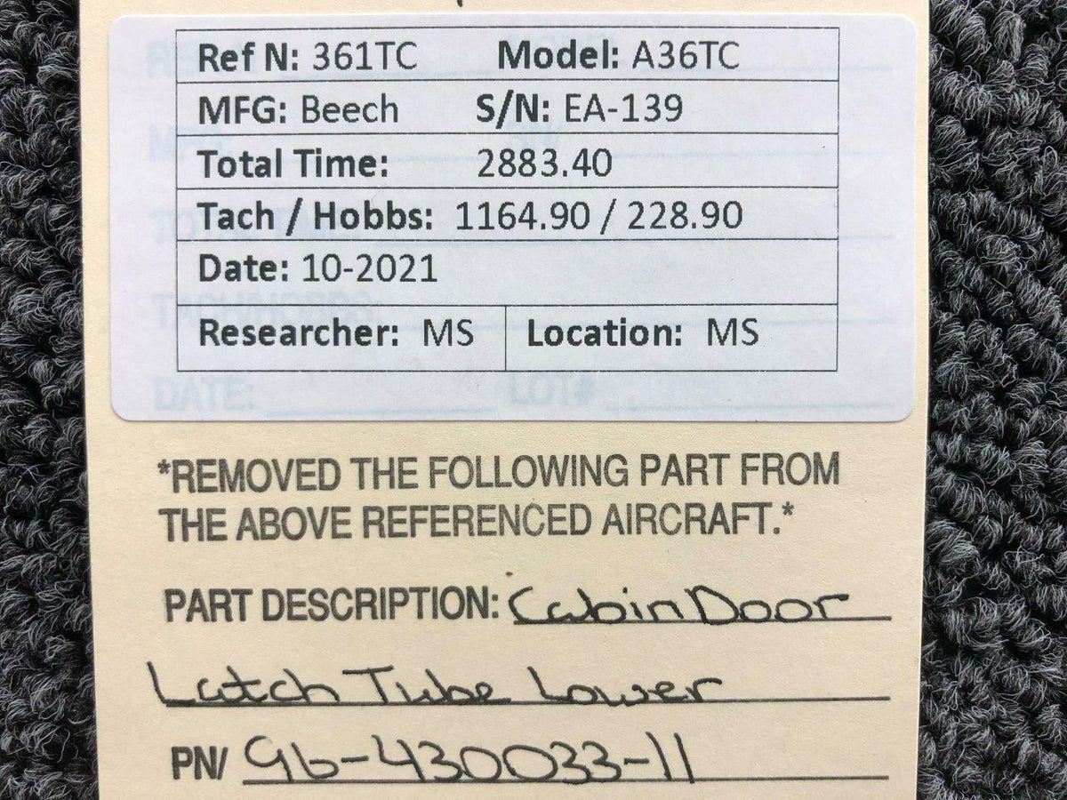 96-430033-11 Beechcraft A36TC Cabin Door Latch Tube Lower BAS Part Sales | Airplane Parts