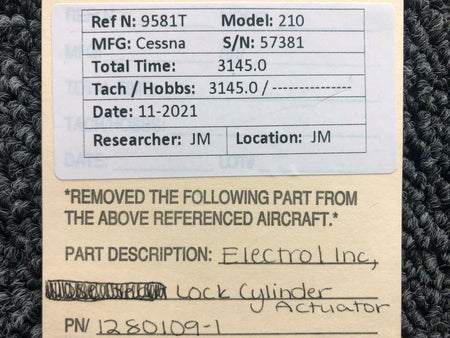Electrol 1280109-1 USE 1280504-2 Cessna 210 Electrol Inc Lock Cylinder Actuator