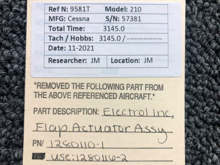 Electrol 1280110-1 USE 1280116-2 Cessna 210 Electrol Inc Flap Actuator Assembly