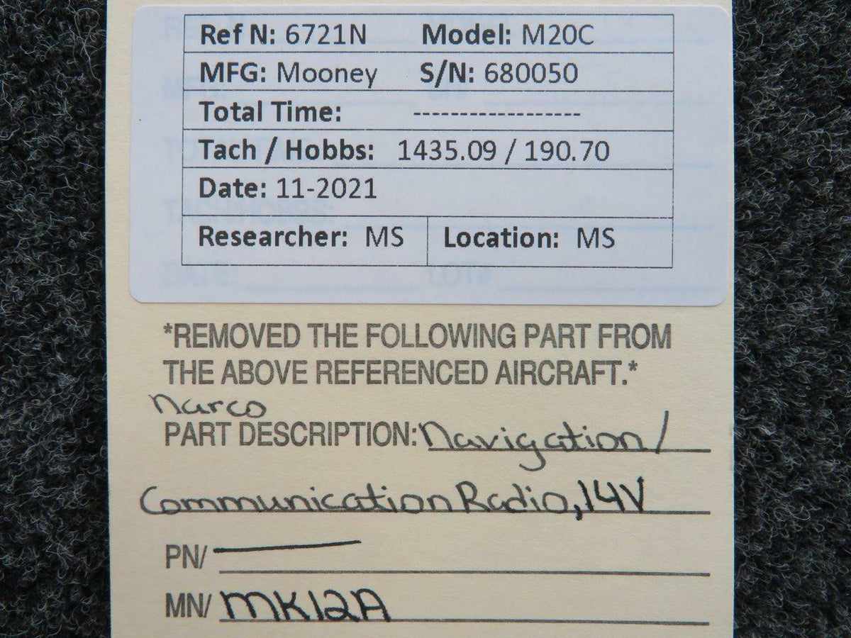 Narco MK12A Mooney M20C Narco Navigation / Communication Radio Volts 14