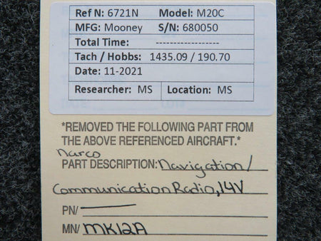 Narco MK12A Mooney M20C Narco Navigation / Communication Radio Volts 14