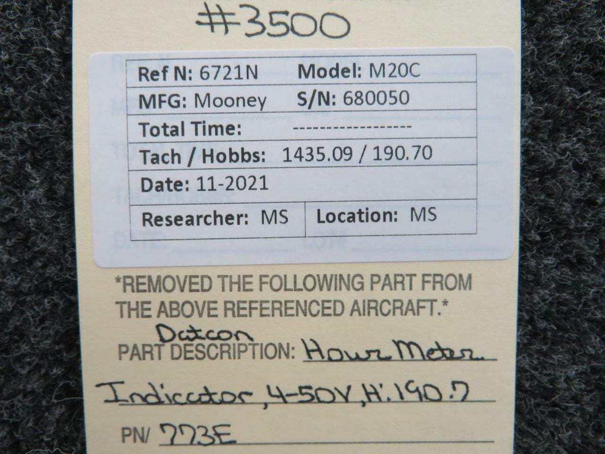 scott 773E Mooney M20C Datcon Hour Meter Indicator Hours 190.70
