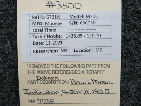 scott 773E Mooney M20C Datcon Hour Meter Indicator Hours 190.70