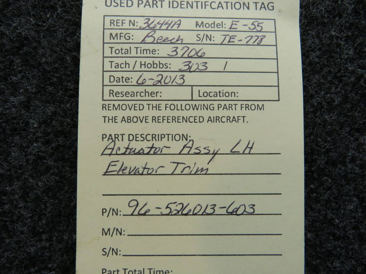 96-526013-603 Beechcraft E-55 Elevator Trim Actuator Assembly LH BAS Part Sales | Airplane Parts