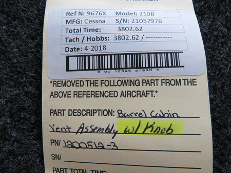 Cessna 1200512-3 Cessna 210B Barrel Cabin Vent Assembly W/ Knob