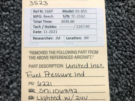 United Instruments 6221 Beechcraft 95-B55 United Inst Fuel Pressure Indicator Lighted Volts 24