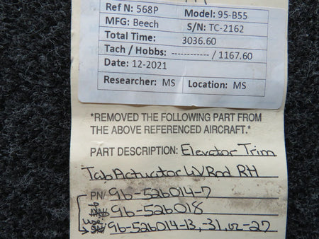96-526014-7 / 96-526018 Beech 95-B55 Elevator Trim Tab Actuator W/ Rod RH BAS Part Sales | Airplane Parts