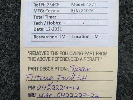 Cessna 0422229-12 USE 0422229-22 Cessna 182T Spar Fitting Forward Assembly LH