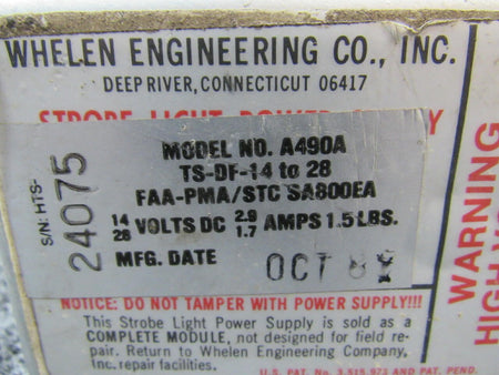 Whelen A490A Whelen Strobe Light Power Supply Volts 14-28 CORE