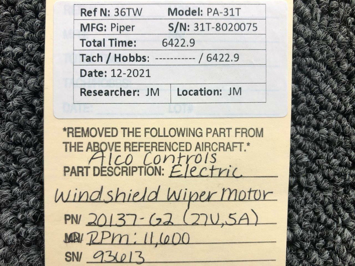 Alco XW20137-G2 Piper PA-31T Alco Electric Windshield Wiper Motor 27V, 5A