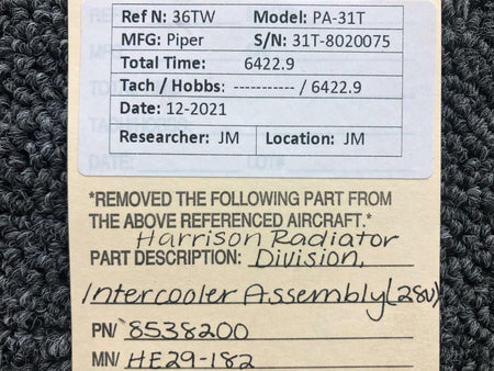 Harrison 8538200 M/N HE29-182 Piper PA-31T Harrison Intercooler Assembly