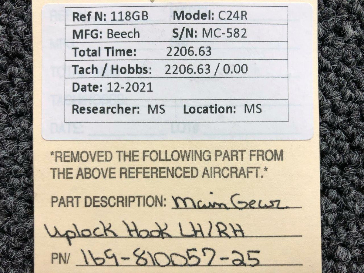 169-810057-25 Beechcraft C24R Main Gear Uplock Hook LH / RH BAS Part Sales | Airplane Parts