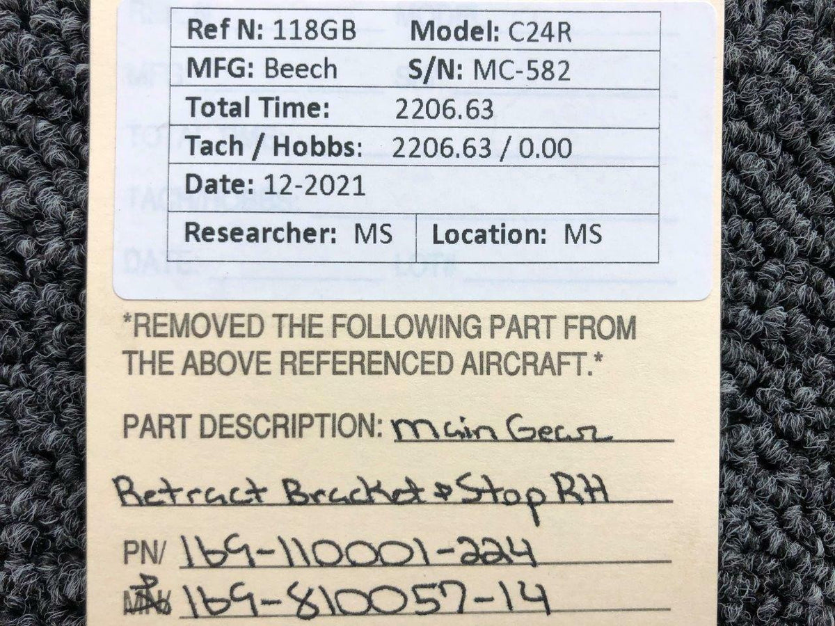 169-110001-224 / 169-810057-14 Beech C24R Main Gear Retract Bracket & Stop RH BAS Part Sales | Airplane Parts