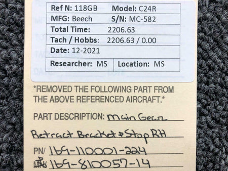 169-110001-224 / 169-810057-14 Beech C24R Main Gear Retract Bracket & Stop RH BAS Part Sales | Airplane Parts