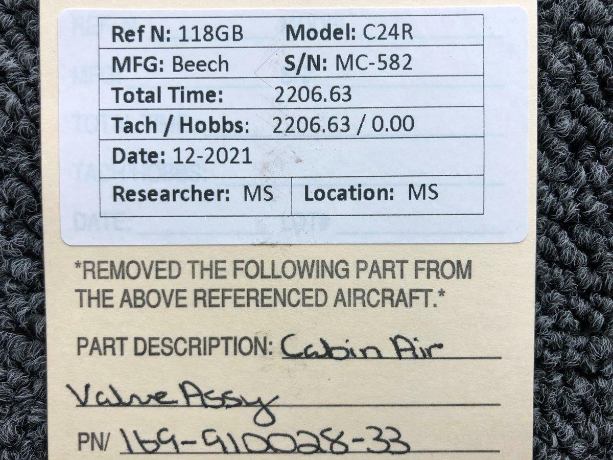 Beechcraft 169-910028-33 Beechcraft C24R Cabin Air Valve Assembly
