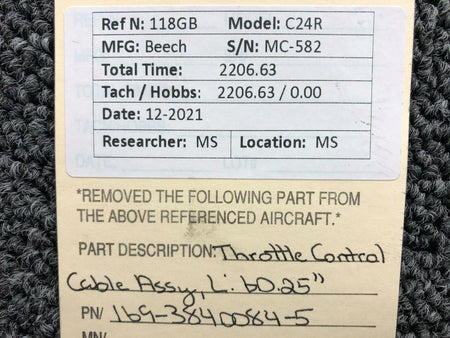 Beechcraft 169-3840084-5 Beechcraft C24R Throttle Control Cable Assembly Length 60-1/4