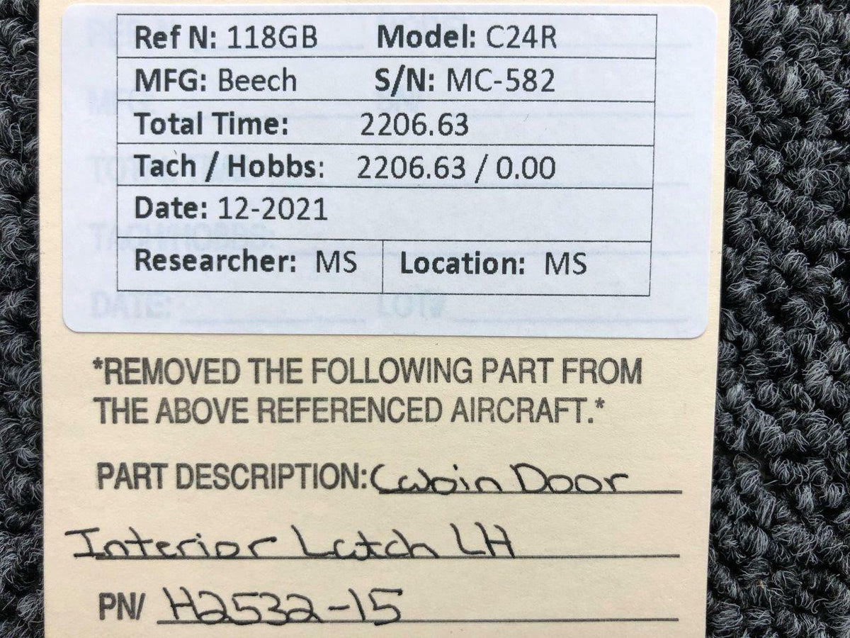 H2532-15 Beechcraft C24R Interior Door Latch Assembly LH BAS Part Sales | Airplane Parts