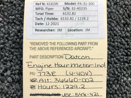 Datcon 773E ALT 36660-002 Piper PA32-300 Datcon Engine Hour Meter Indicator 4-40V