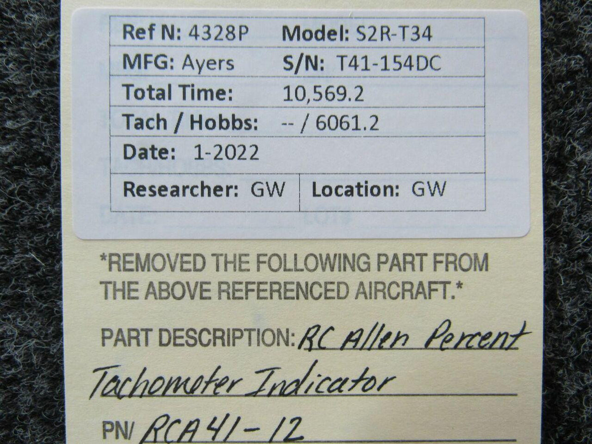 RCA41-12 RC Allen Percent Tachometer Indicator BAS Part Sales | Airplane Parts