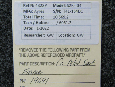 Ayres 19691 Ayres S2R-T34 Co-Pilot Seat Frame Assembly