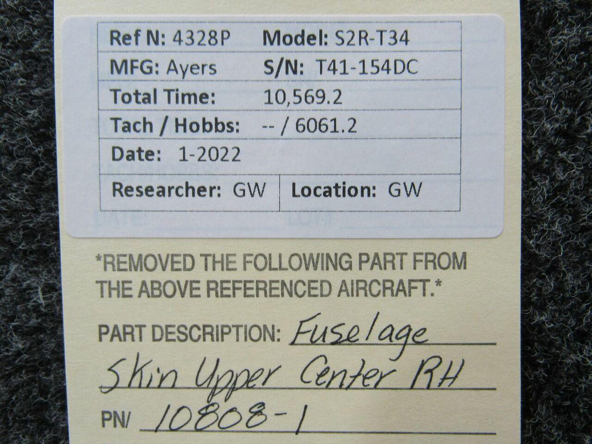 10808-1 Ayres S2R-T34 Fuselage Skin Upper Center RH BAS Part Sales | Airplane Parts