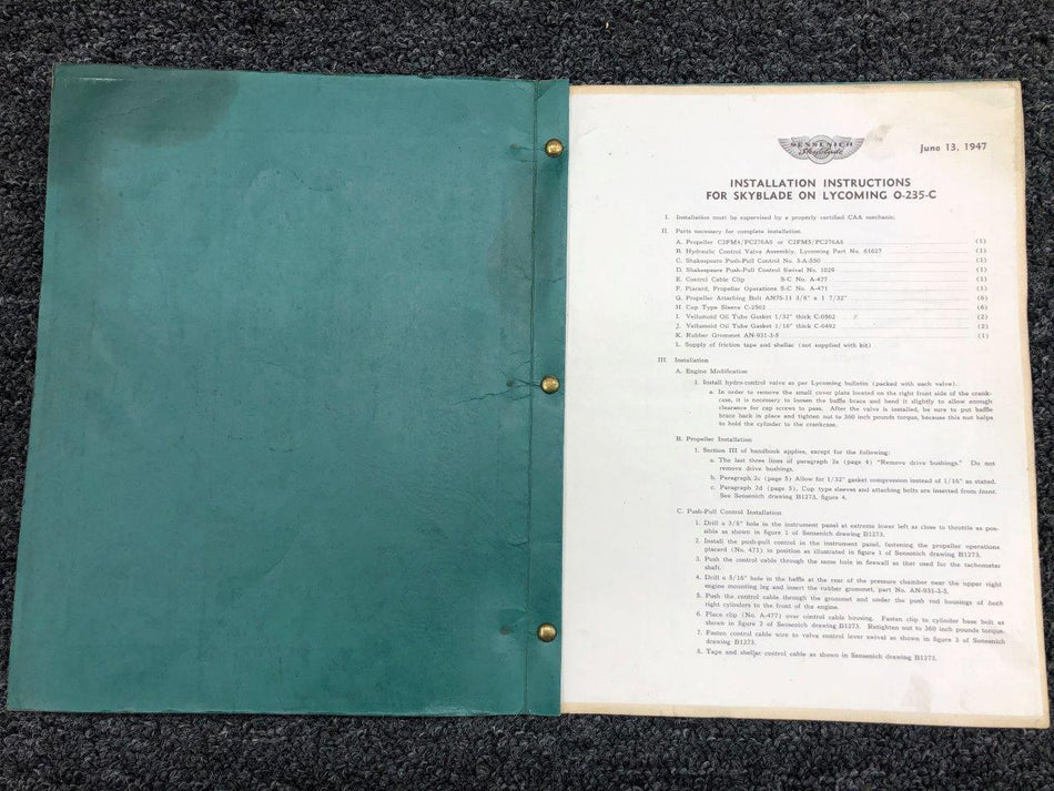 1947 Sensenich Skyblade Instructions & Parts Catalog for Lycoming O-235-C BAS Part Sales | Airplane Parts