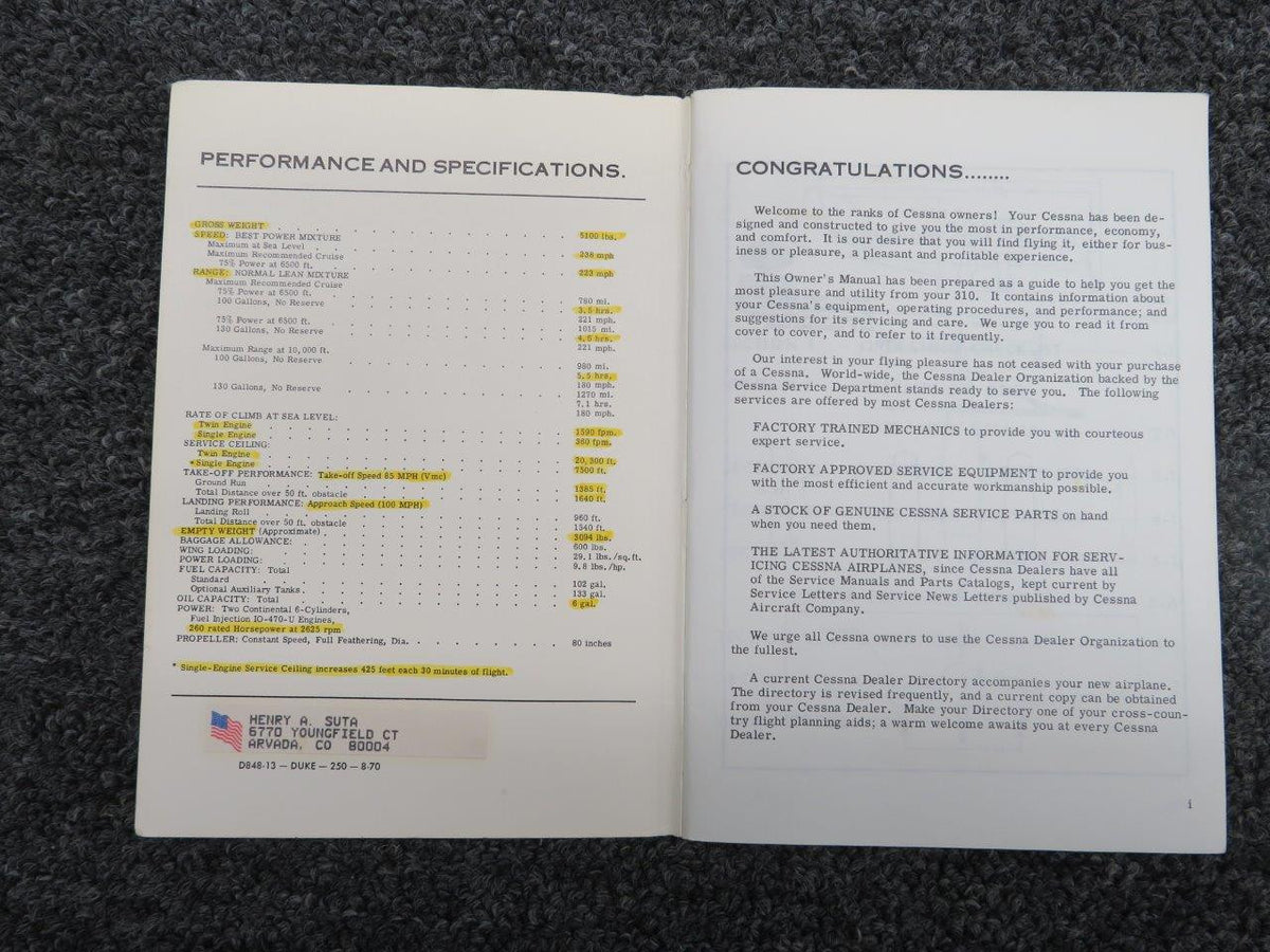 Cessna 310 Owners Manual BAS Part Sales | Airplane Parts