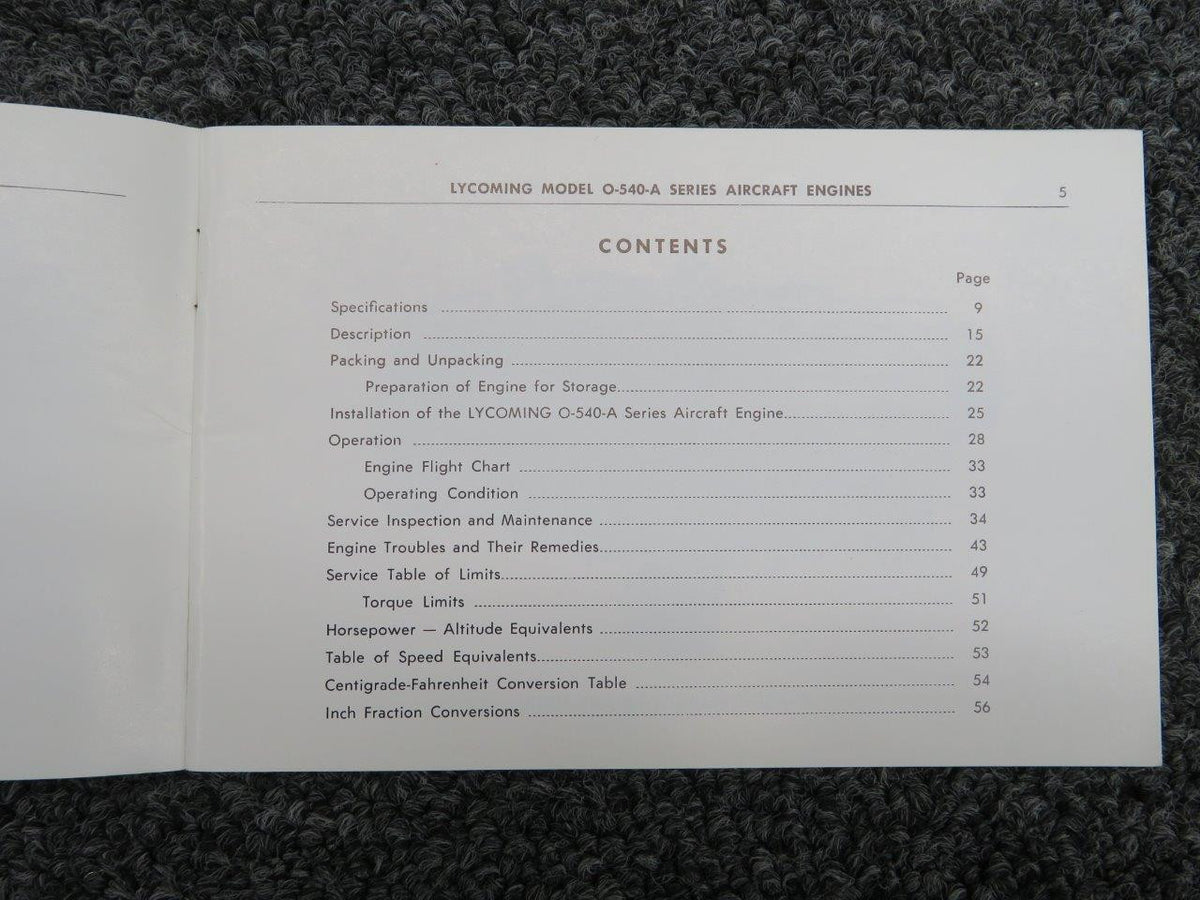 60299-9 Lycoming O-540-A Operators Manual BAS Part Sales | Airplane Parts