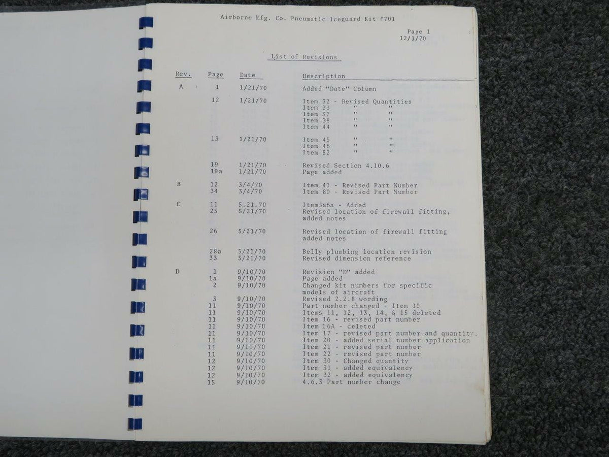 1971 Piper Airborne / Good Year Pneumatic Manual Iceguard Deicing System