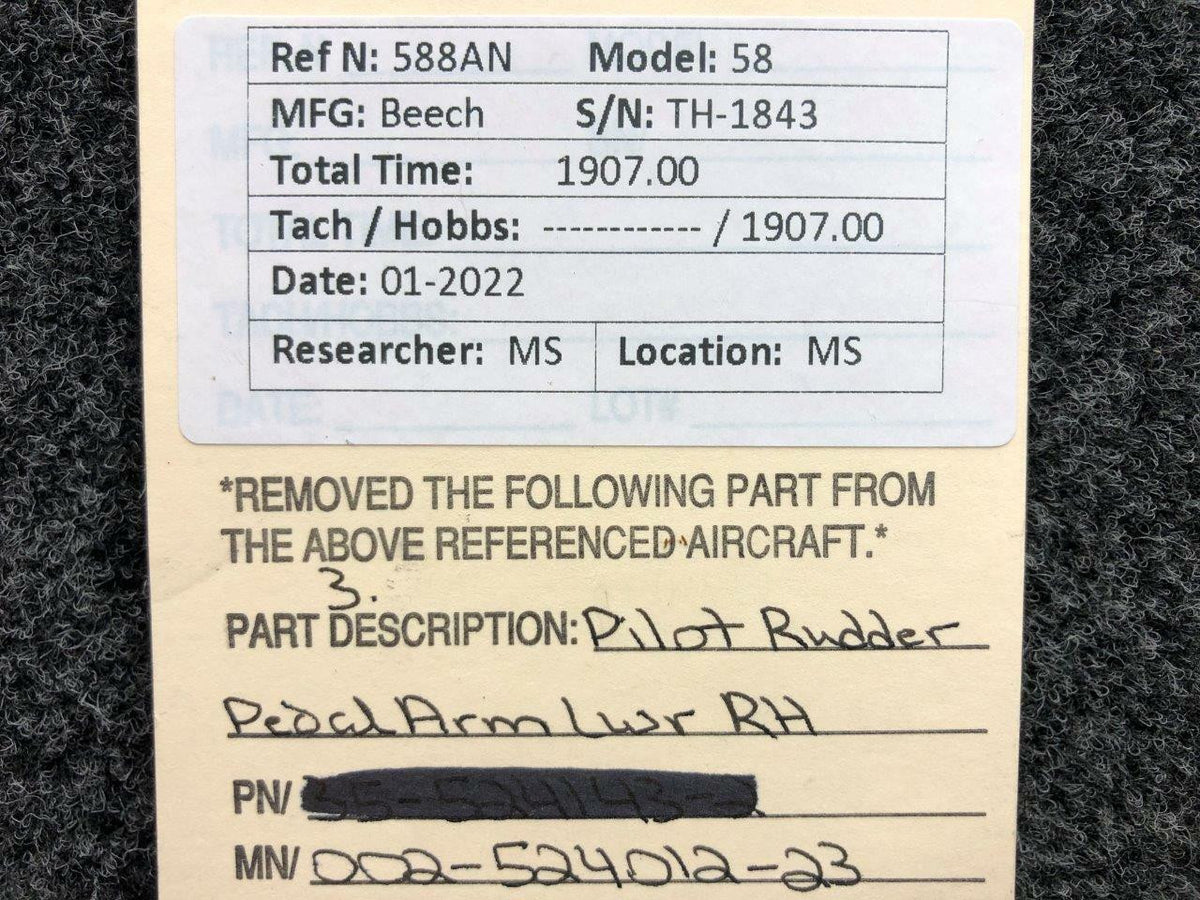 Beechcraft 002-524012-23 Beechcraft 58 Co-Pilot Rudder Pedal Arm Lower RH