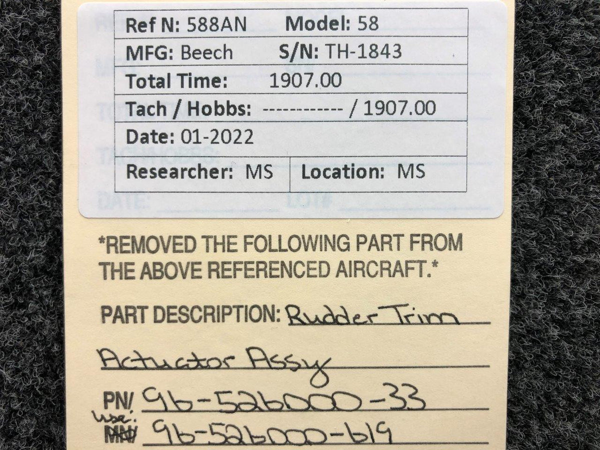 96-526000-33 (USE: 96-526000-619) Beechcraft 58 Rudder Trim Actuator Assembly BAS Part Sales | Airplane Parts