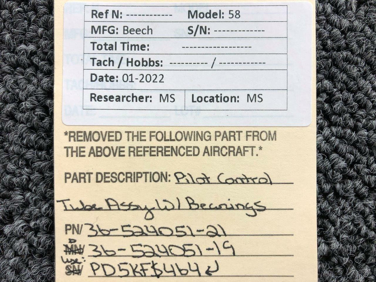 Beechcraft 36-524051-21 / 36-524051-19 Beechcraft 58 Pilot Control Tube Assy W/ Bearings NOS