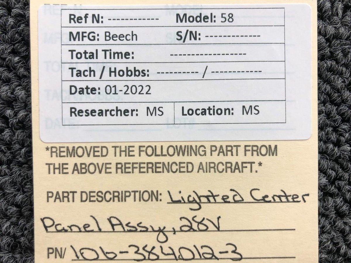 106-384012-3 Beechcraft 58 Lighted Center Panel Assembly (Volts: 28) (NEW OLD STOCK) BAS Part Sales | Airplane Parts