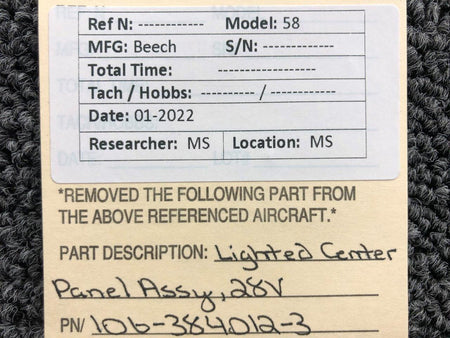 106-384012-3 Beechcraft 58 Lighted Center Panel Assembly (Volts: 28) (NEW OLD STOCK) BAS Part Sales | Airplane Parts
