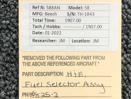 H and E Aircraft HE825-2 Beechcraft 58 HandE Fuel Selector Assembly