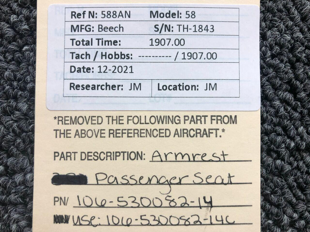 Beechcraft 106-530082-14 USE 106-530082-14C Beechcraft 58 Passenger Seat Armrest Assy