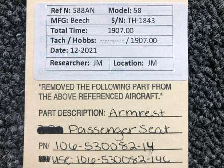 Beechcraft 106-530082-14 USE 106-530082-14C Beechcraft 58 Passenger Seat Armrest Assy