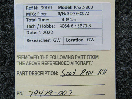 Piper 79479-007 Piper PA32-300 Seat Assembly Rear RH