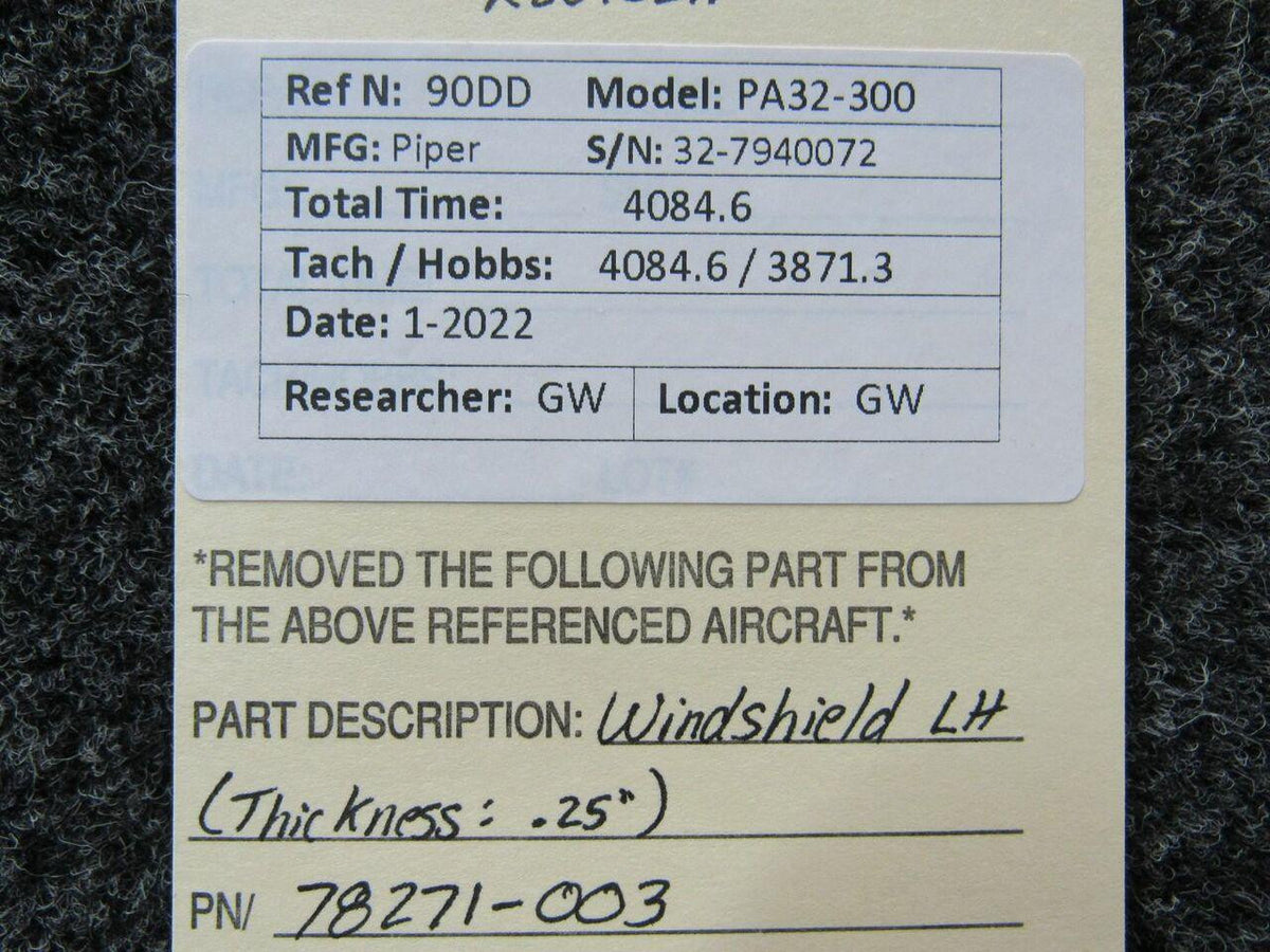 Piper 78271-003 Piper PA32-300 Windshield LH Clear Thickness .25