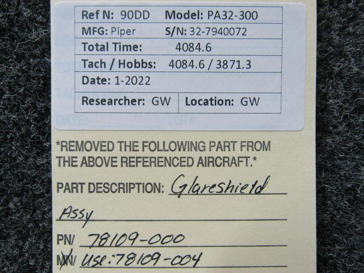 Piper 78109-000 USE 78109-004 Piper PA32-300 Glareshield Assembly