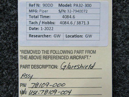 Piper 78109-000 USE 78109-004 Piper PA32-300 Glareshield Assembly