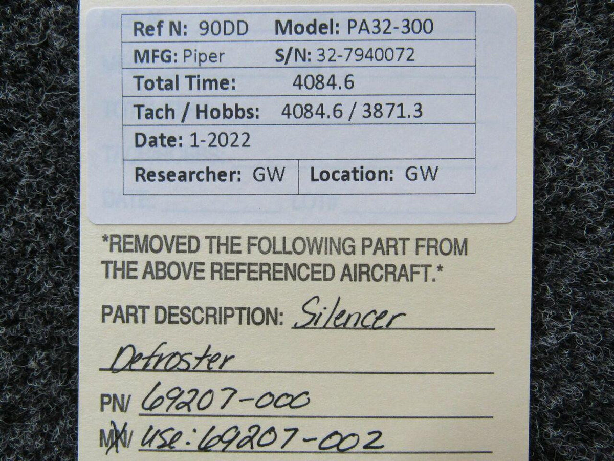 69207-000 (USE: 69207-002) Piper PA32-300 Silencer Assembly Defroster BAS Part Sales | Airplane Parts
