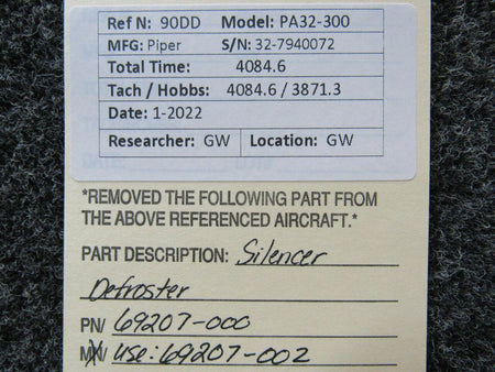 69207-000 (USE: 69207-002) Piper PA32-300 Silencer Assembly Defroster BAS Part Sales | Airplane Parts