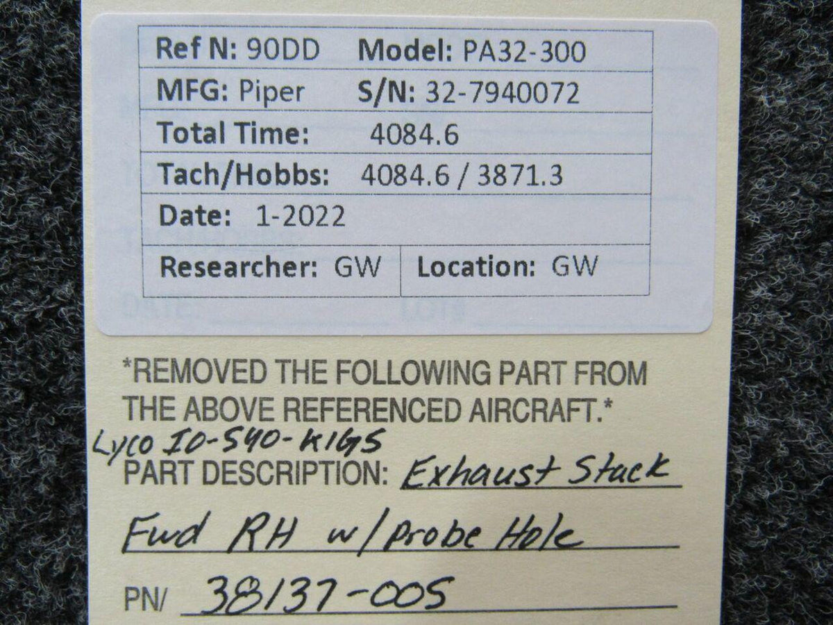 Lycoming 38137-005 Lycoming IO-540-K1G5 Exhaust Stack RH Forward W/ Probe Hole
