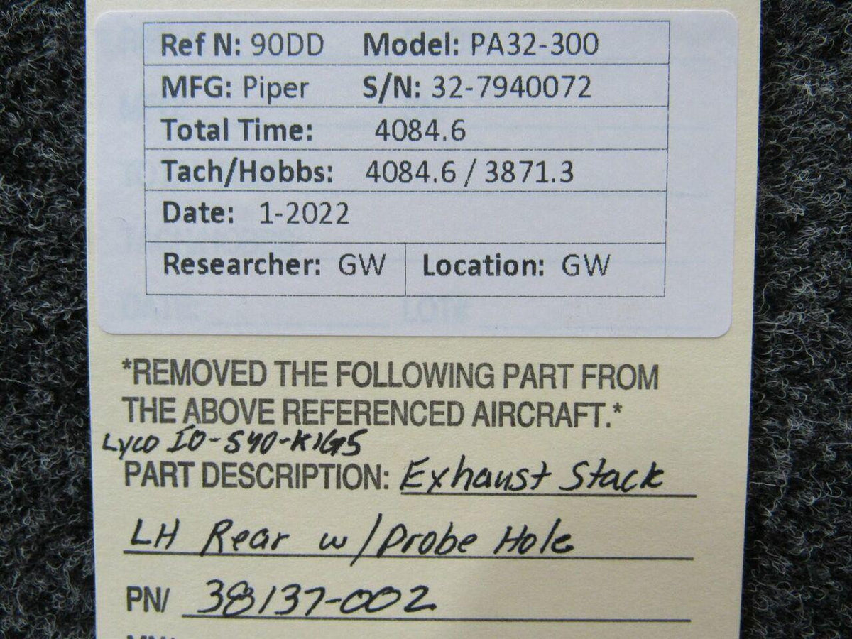 Lycoming 38137-002 Lycoming IO-540-K1G5 Exhaust Stack LH Rear W/ Probe Hole