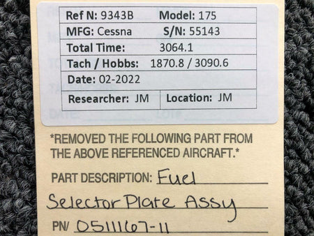 Cessna 0511167-11 Cessna 175 Fuel Selector Plate Assembly