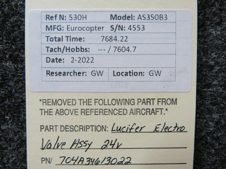 Lucifer 704A34613022 Eurocopter AS350B3 Lucifer Electro Valve Assembly Volts 24