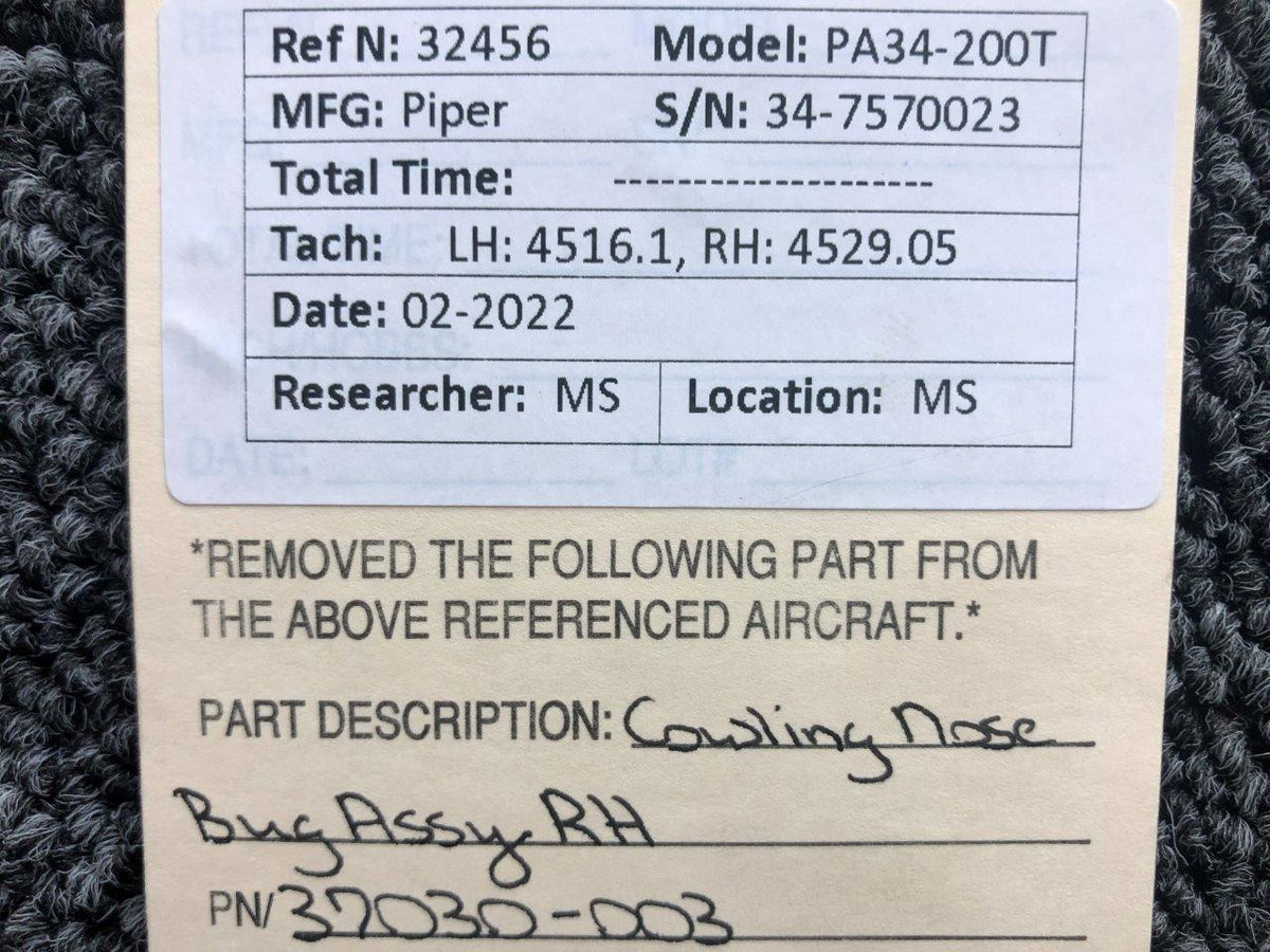 37030-003 Piper PA34-200T Cowling Nose Bug Assembly RH BAS Part Sales | Airplane Parts